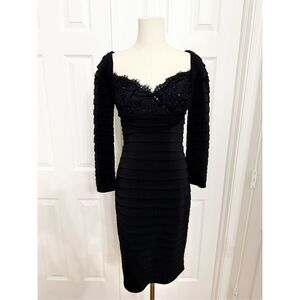 NWT Tadashi Black Lace‎ Sequin Bust Tiered Sheath Dress Ruched Pleated XS